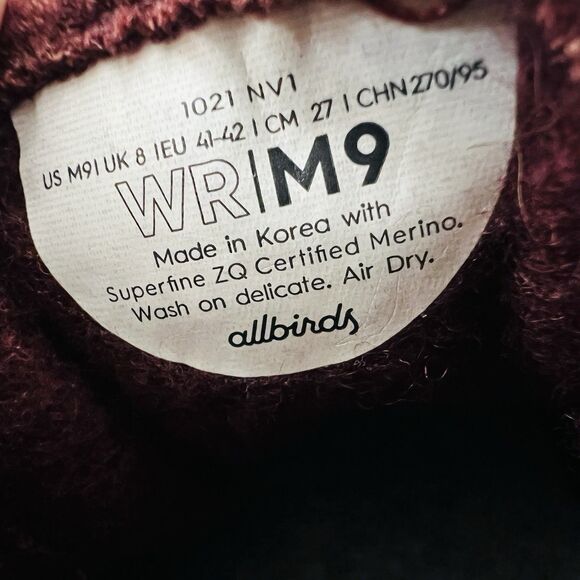 All Birds Burgundy Red Merino Wool Super Soft Lace up Sneakers - Mens Size 9 - Picture 8 of 8